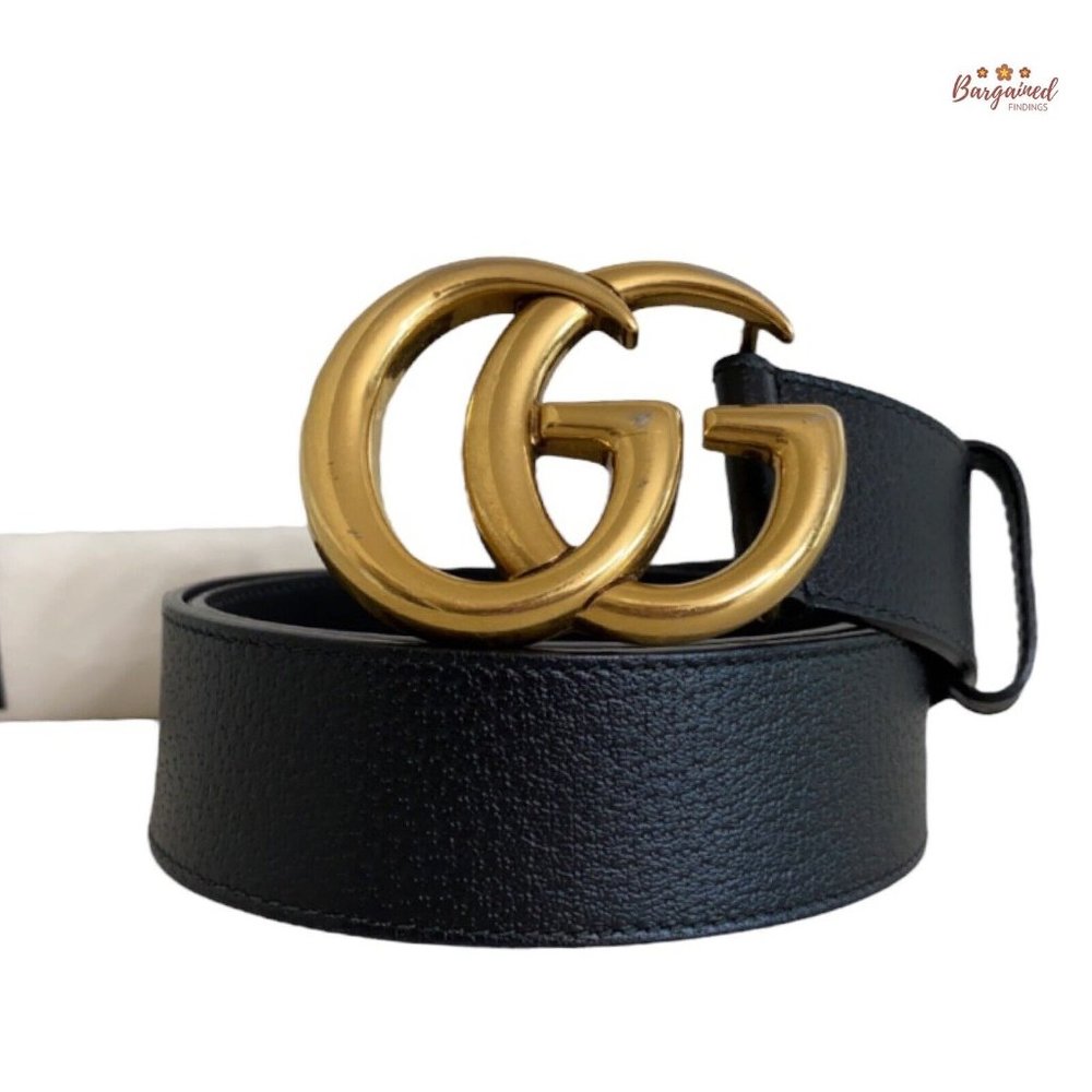 Authentic Gucci Black Textured Wide Leather Signature Double G Buckle Belt 80/32
